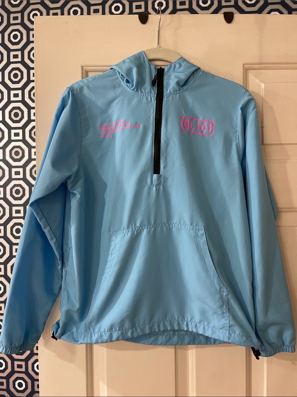 Kids Light Blue Hooded Rain Pullover with Pink Logo